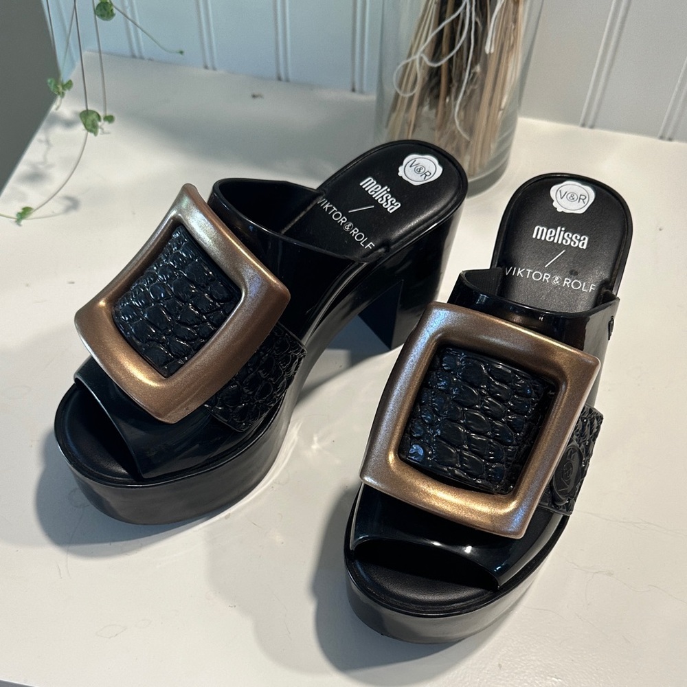 Melissa + Viktor & Rolf Black and Bronze Mules